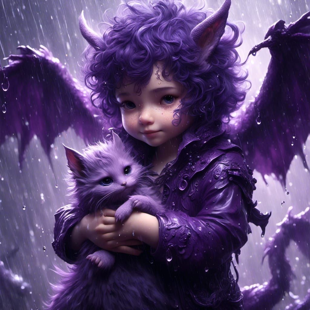 Chibi Purple Dragon Protects Kitten in Downpour