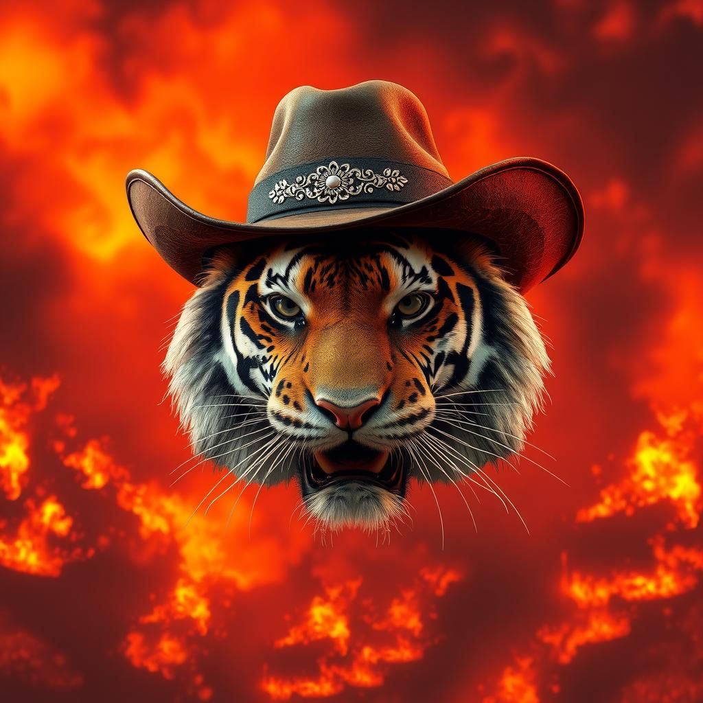 Tiger in Cowboy Hat Amidst Wildfire, Matte Painting