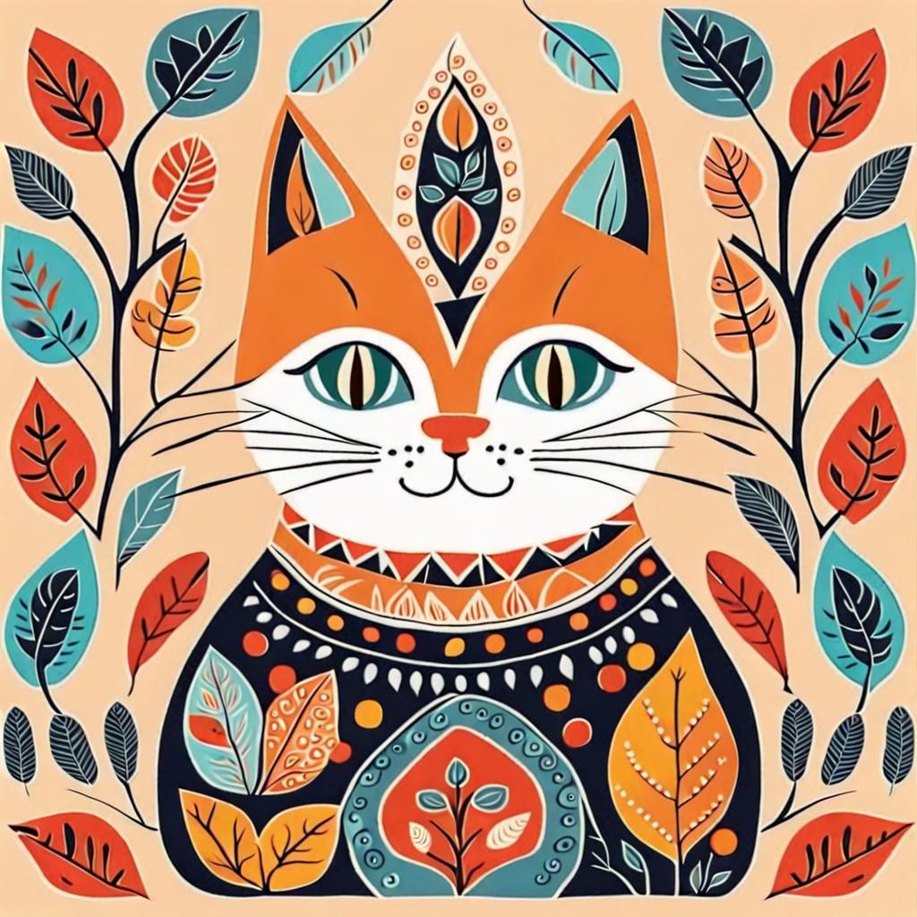 Bohemian Cat Illustration in Scandinavian Folk Art Style