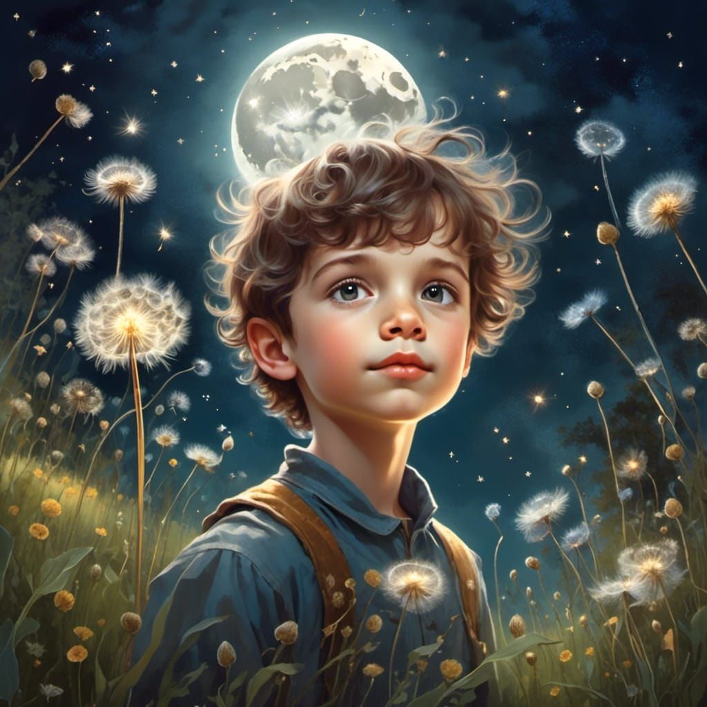 Cute Boy with Dandelions Under Night Sky