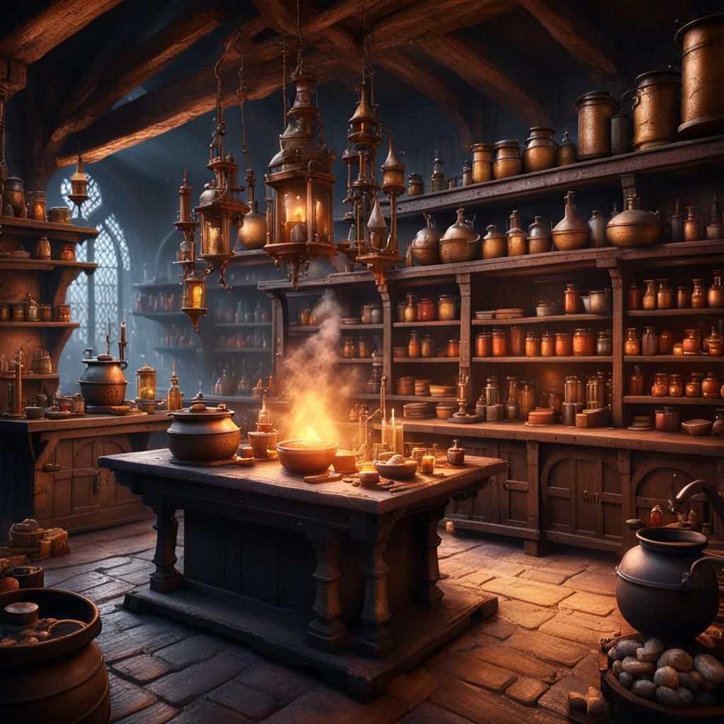 Medieval Alchemist's Laboratory in Detailed Matte Painting
