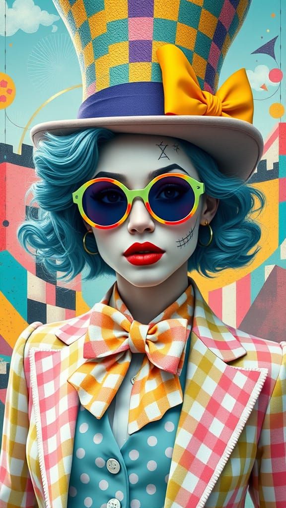 Mad Hatter-Inspired Woman in Whimsical Gingham Checkered Top...