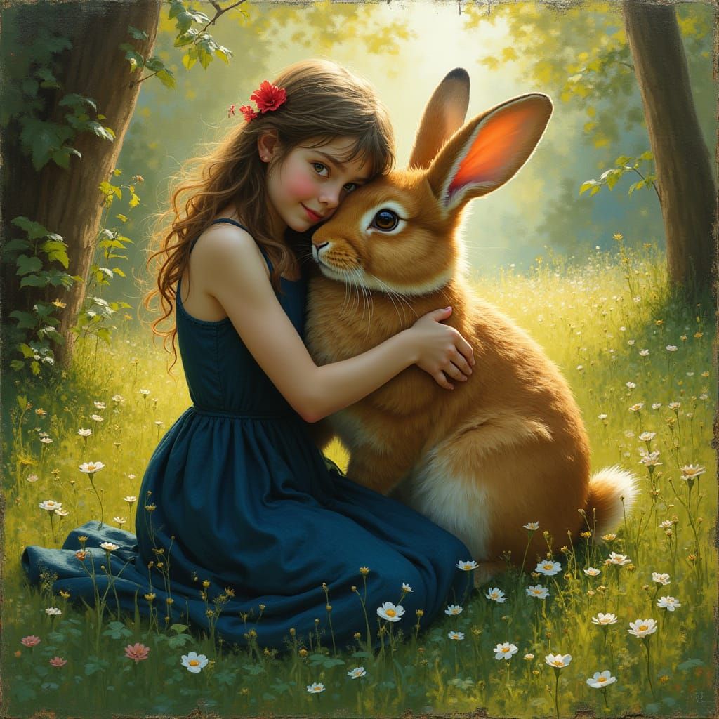 Girl Embracing Rabbit: Art Nouveau Impasto Oil Painting
