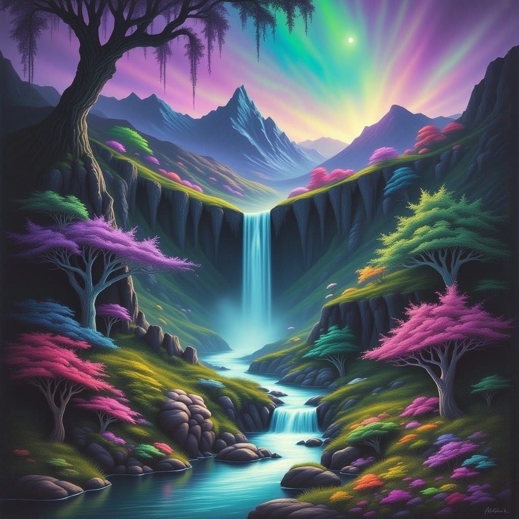 Ethereal Alien Waterfall in a Dreamlike Landscape