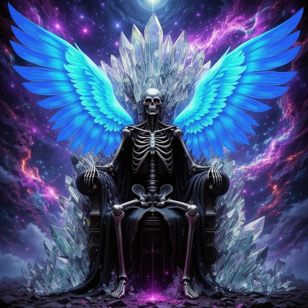 Skeleton on Obsidian Throne with Butterfly Wings