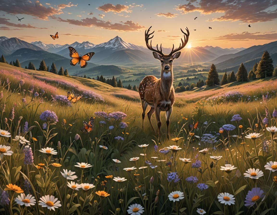 Deer and Fawn in Sunset Meadow: Photorealistic Landscape
