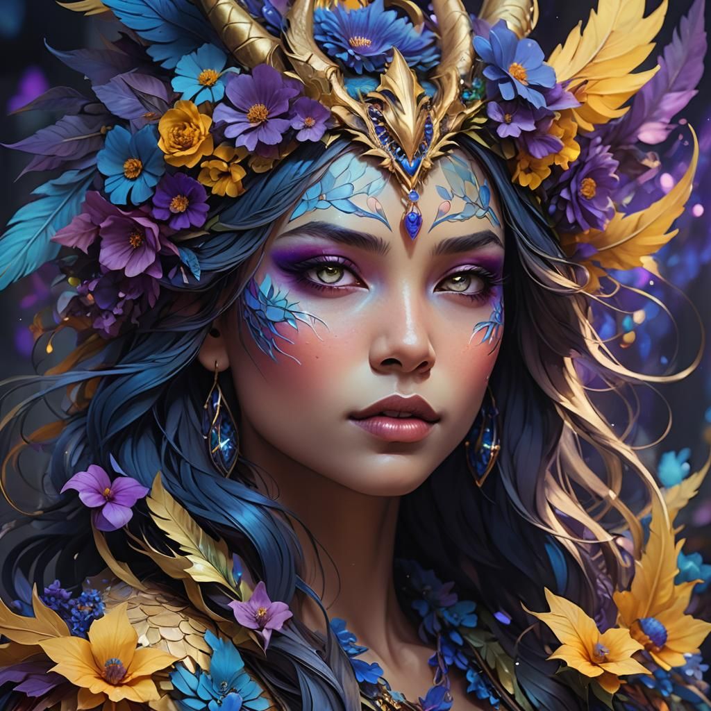 Dragon Woman Portrait with Rainbow Skin, Fantasy Art