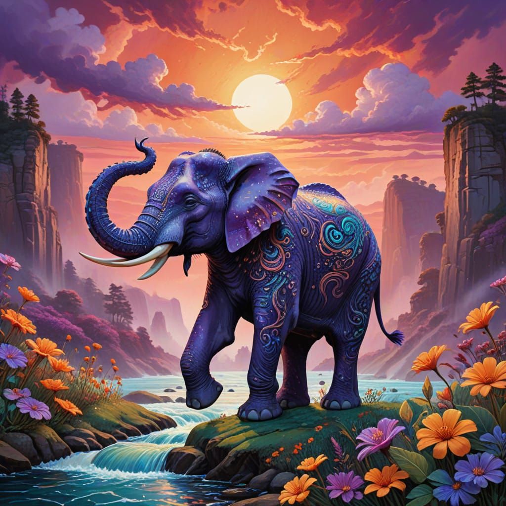 Surreal Fantasy Elephant-Dragon in Iridescent Hues with Foil...