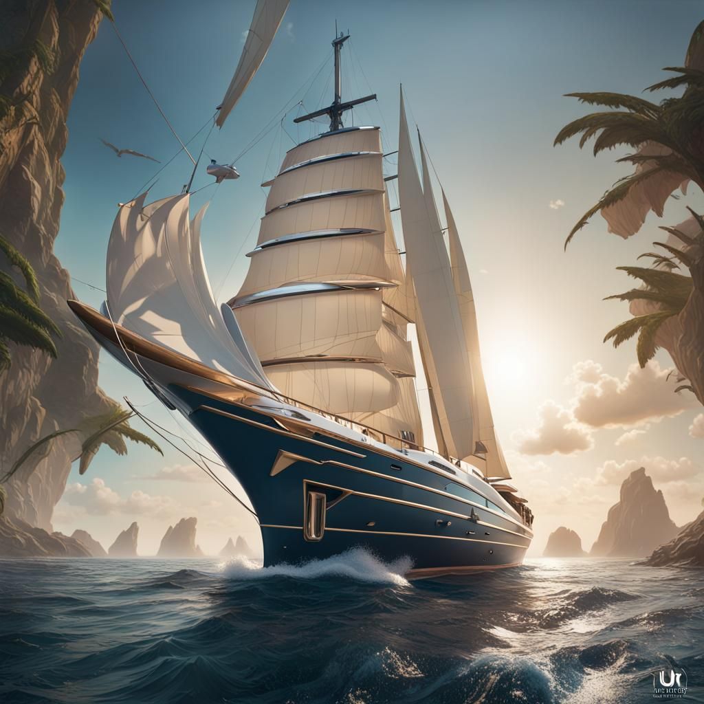 Hypermodern Yacht on the Ocean: Detailed Matte Painting