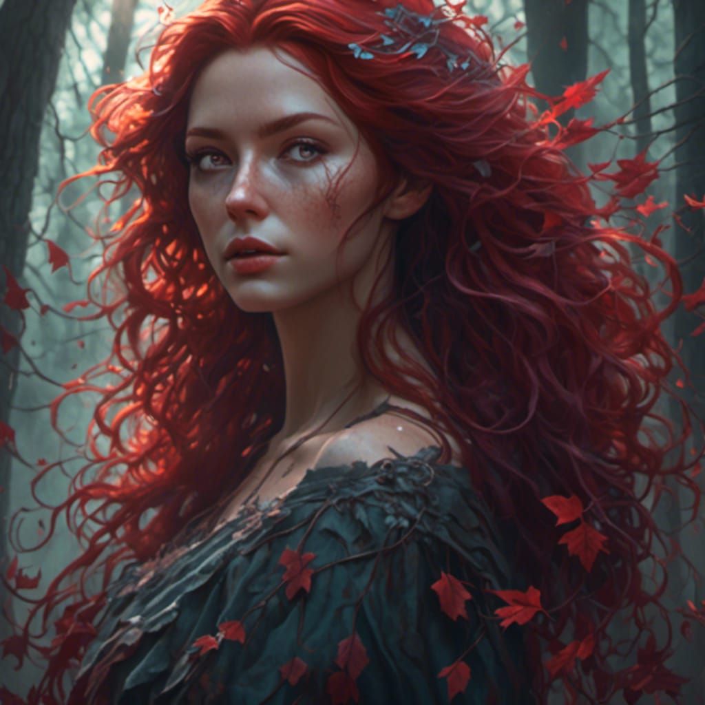 Red-Haired Lady in Misty Forest, Hyperreal Portrait