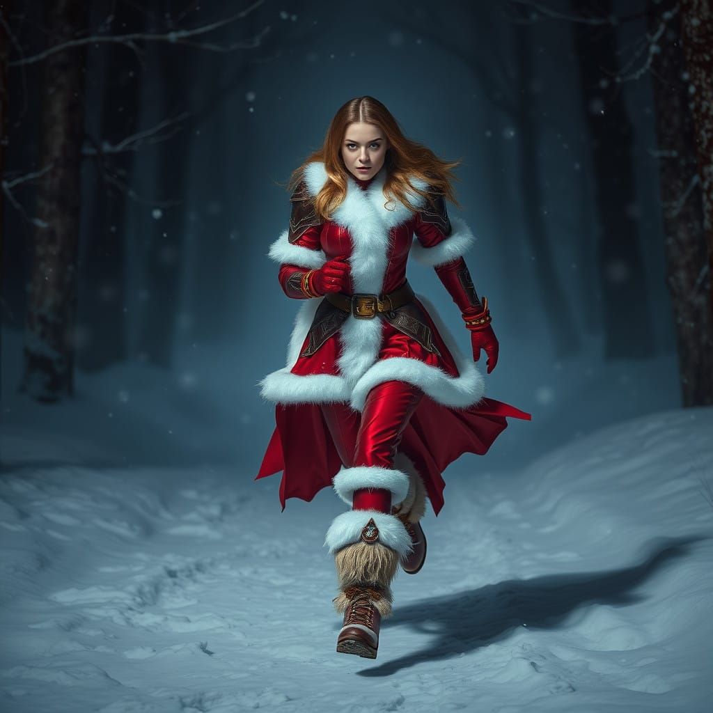Cyberpunk Woman in Shimmering Red Armor Runs Through Snowy F...
