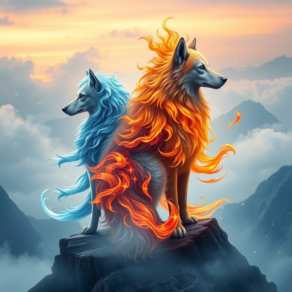 Majestic Elemental Dogs on Misty Mountain Peak