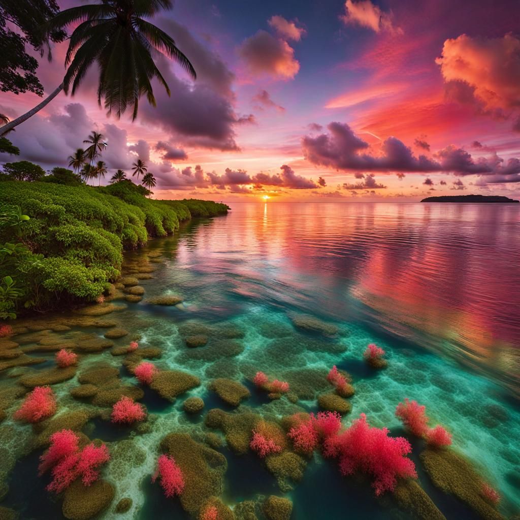 Tropical Beach Sunset in Micronesia: Photorealistic Image