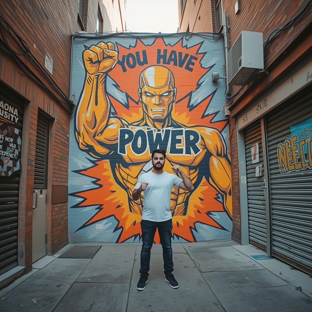 Mural of Golden Humanoid Figure With Power