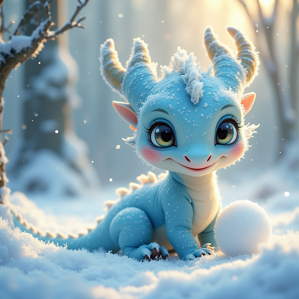 Iridescent Baby Dragon in Snowy Forest
