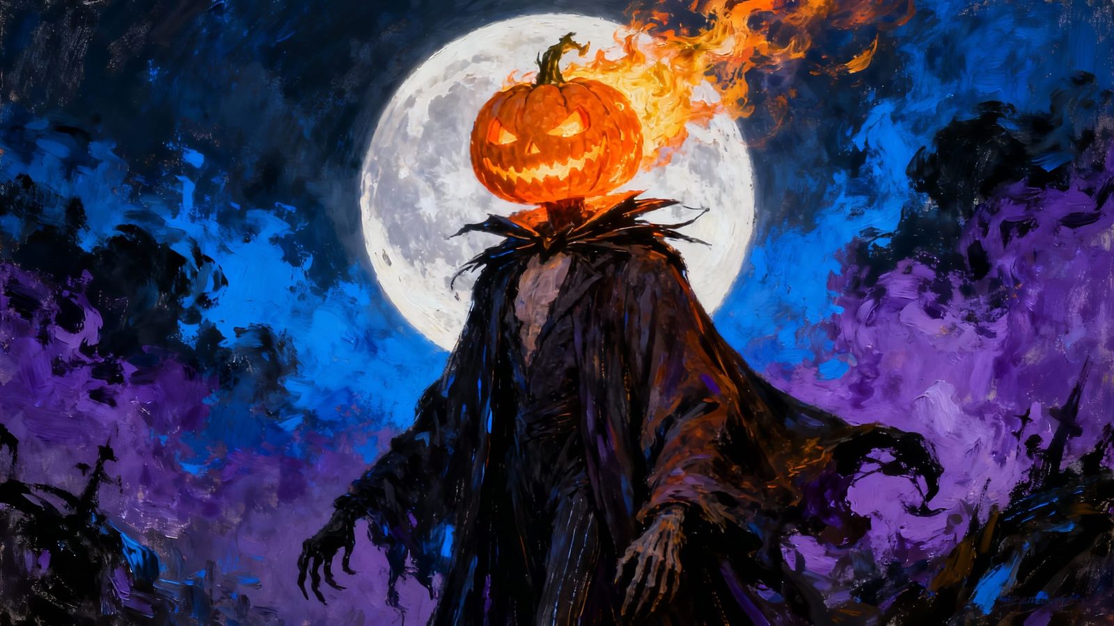 Creepy Cloaked Figure with Glowing Pumpkin Head Under Full M...