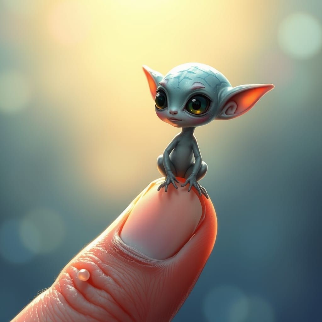 Whimsical Alien Woman on Human Finger