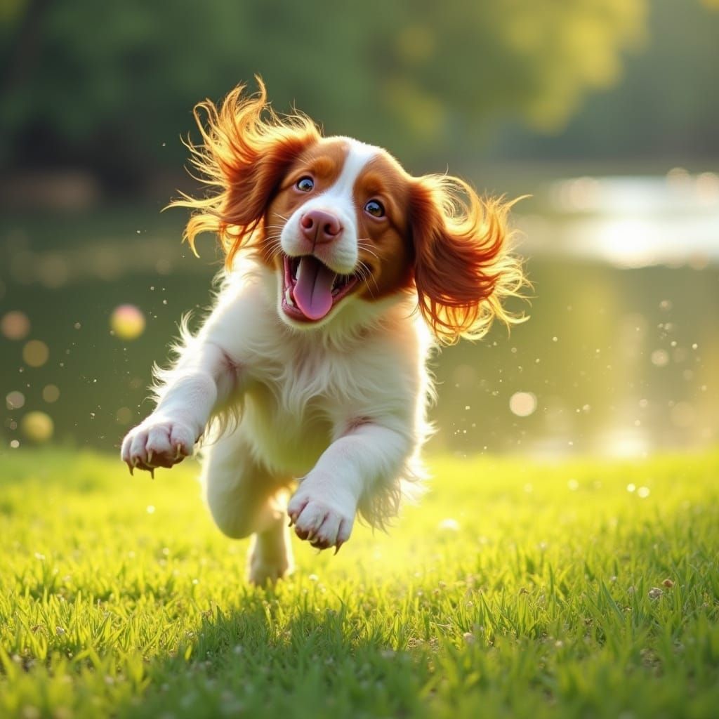 Joyful Brittany Spaniel Chases Tennis Ball in Sunny Meadow