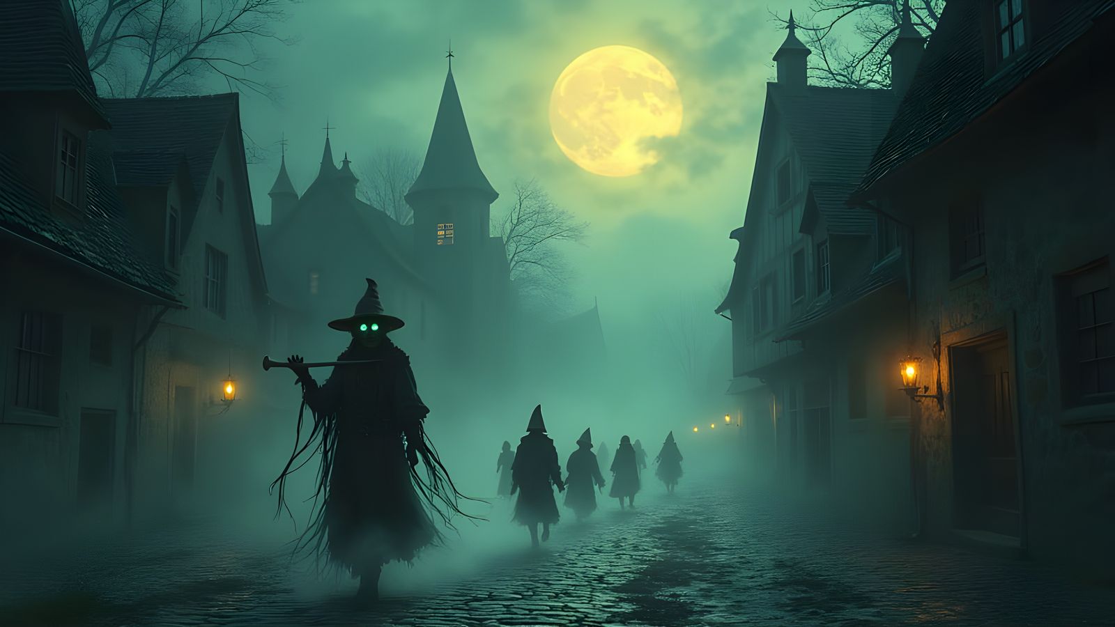 Ghostly Pied Piper in Fog-Drenched Medieval Town