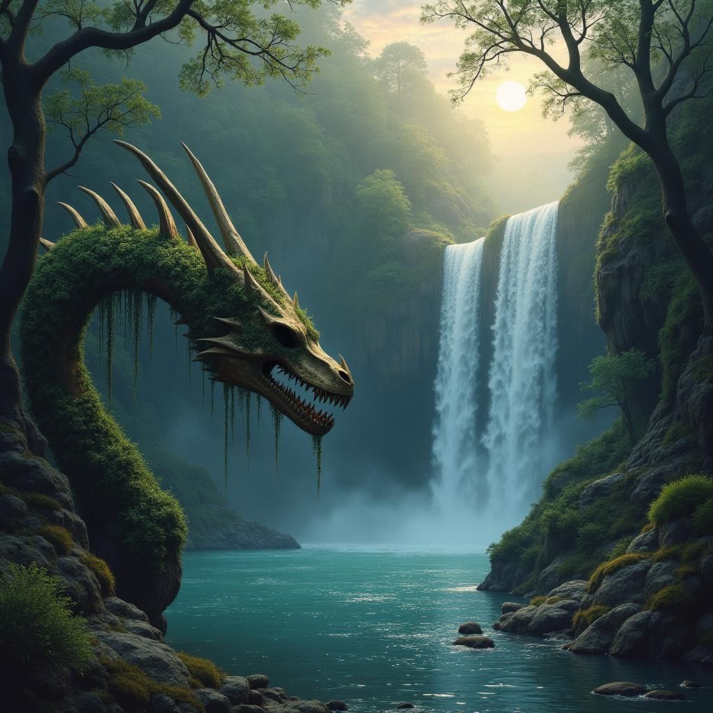 Moss covered valley Dragon Skeleton fantasy ethereal fantasy hyperdetailed mist Thomas Kinkade