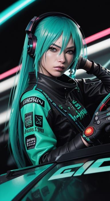 Cyberpunk Hatsune Miku in Road Leathers