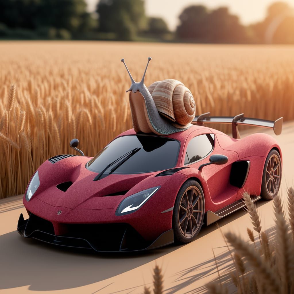 Snail Driving Wool Hypercar in Surreal Cartoon Style
