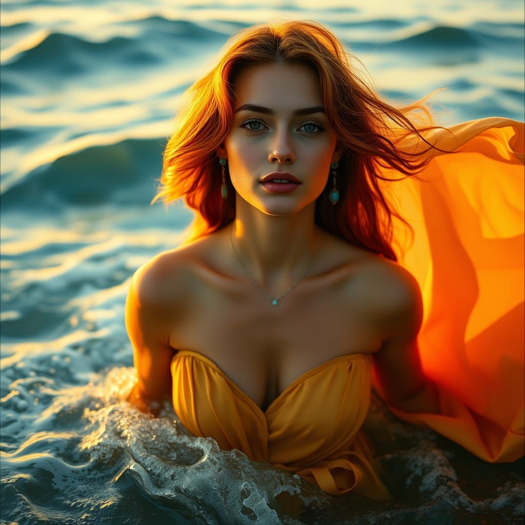 Woman Emerges from Ocean Waves in Photorealistic Style