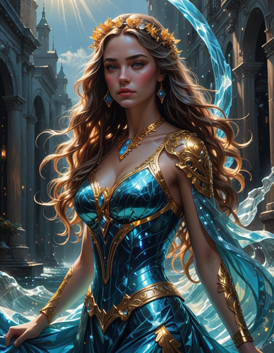 Surreal Water Goddess in Vibrant Blue Hues and Golden Hints