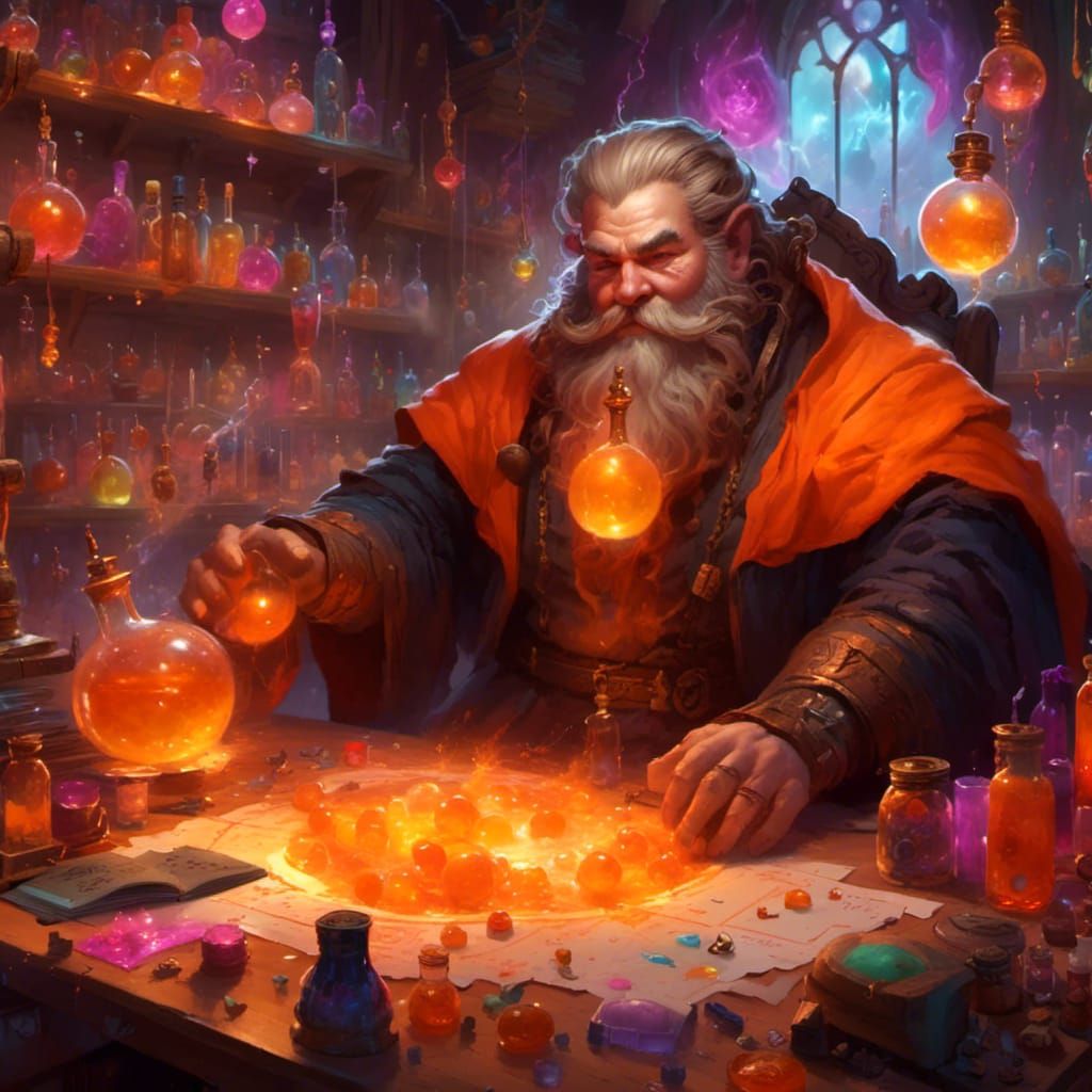 Dwarven Wizard Mixing Orange Liquids in Fantasy Setting
