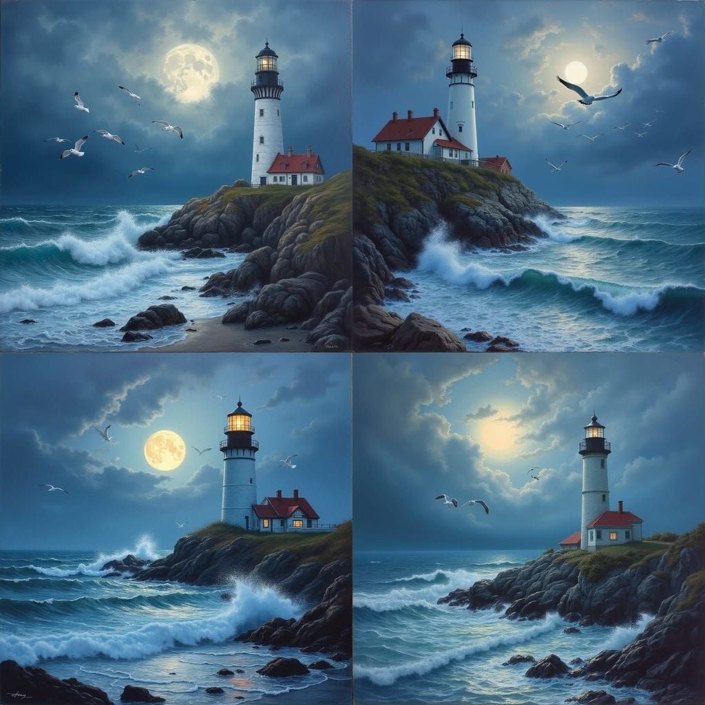 Luminous Yaquina Head Lighthouse under Stormy Seas by Full M...