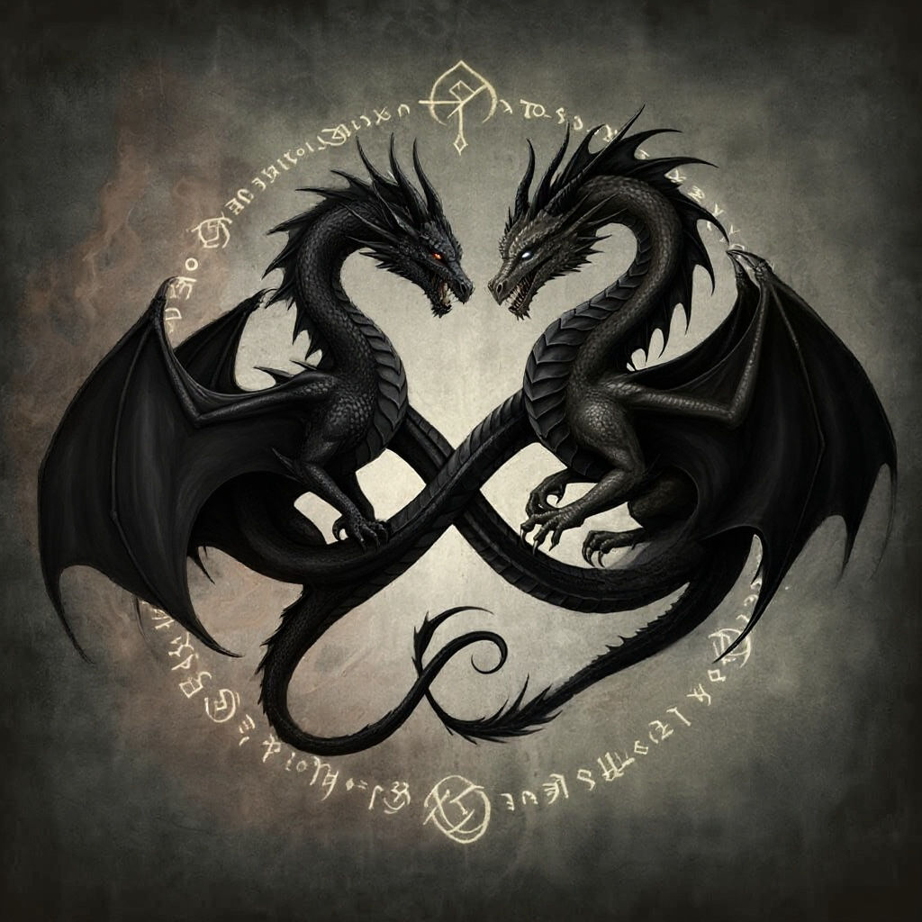 Dragons Encircling Infinity Symbol: Ink Drawing