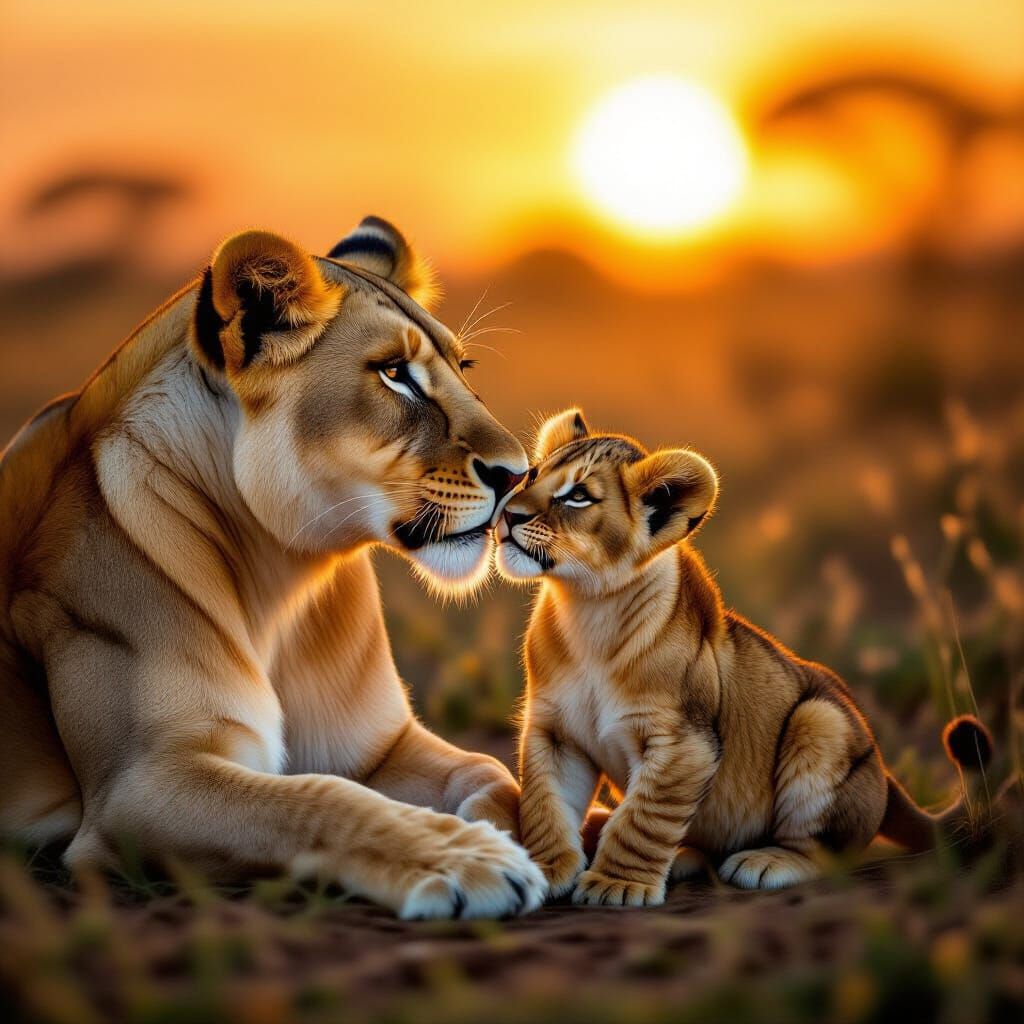 Mother Lioness and Cub in Savanna Sunset
