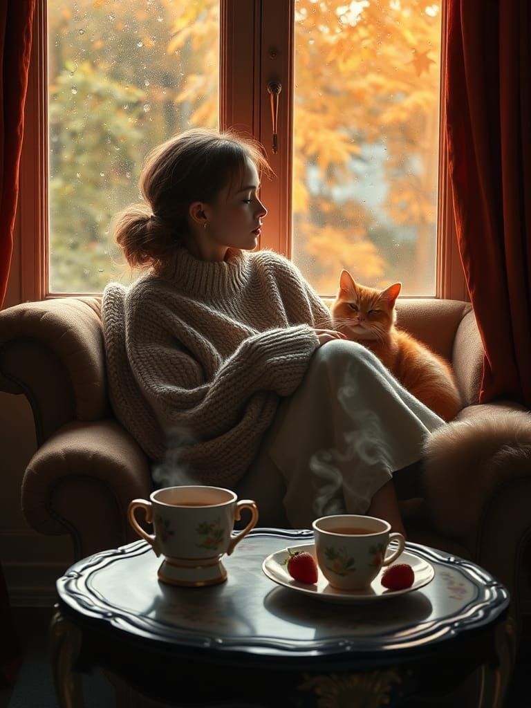 Slavic Woman in Cozy Sweater Watching Autumn Rain