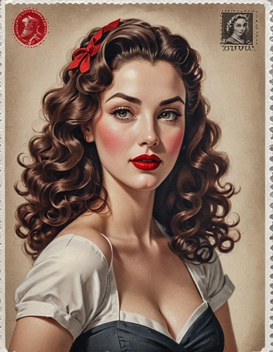 Glamorous Pin-Up Portrait with Postage Stamp Background