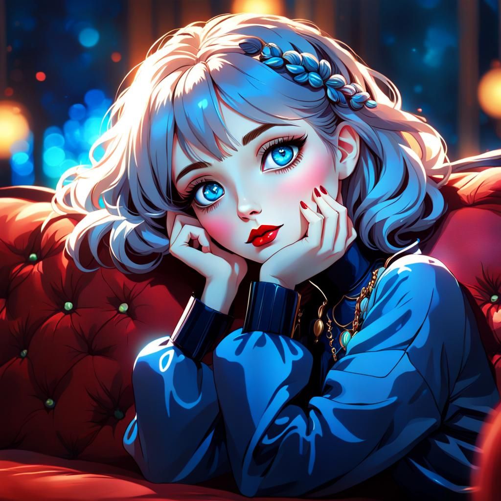 Anime Girl with Cherry Lips and Blue Eyes