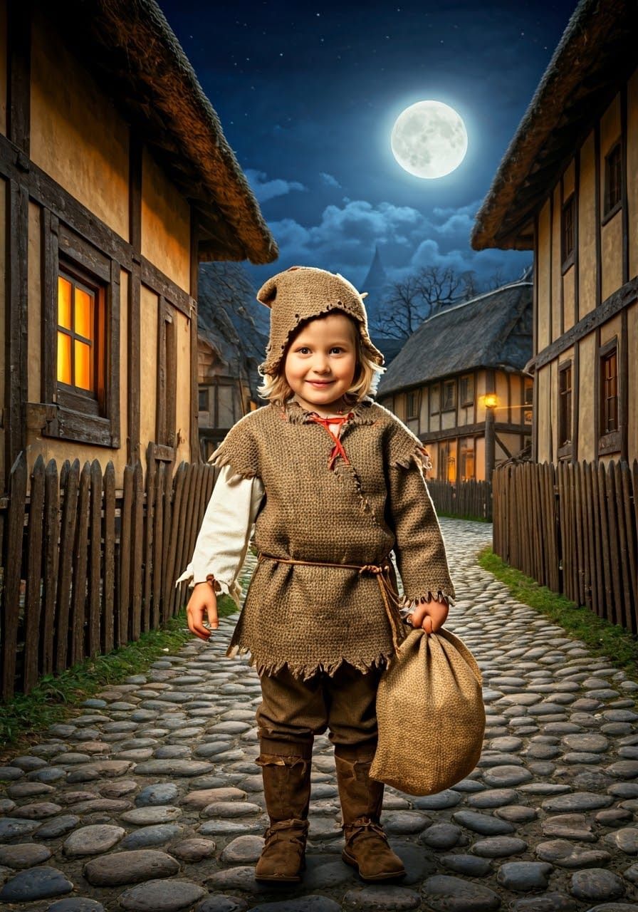 Medieval Child's First Trick-or-Treat, Folkloric Illustratio...