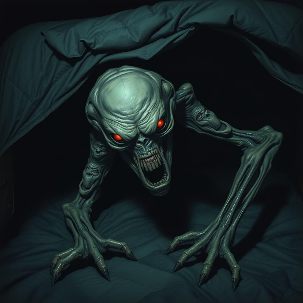 Grotesque Creature Lurking Under Bed in Surreal Horror Style