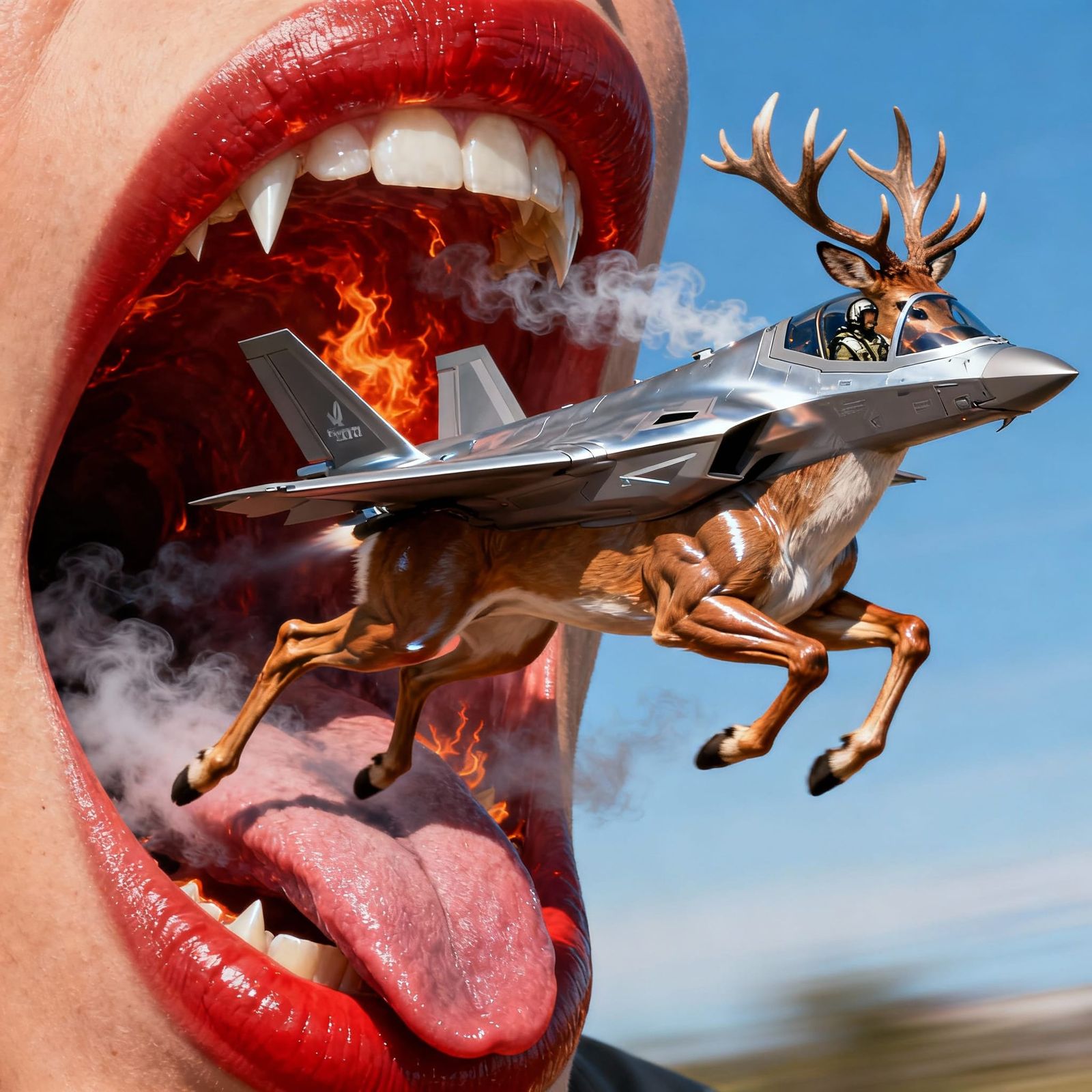 Futuristic Jet Transforms into Deer Emerging from Fiery Mout...