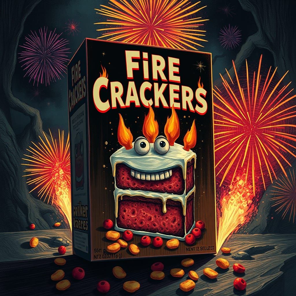 Fire Cracker Cereal Box with Cake and Fireworks