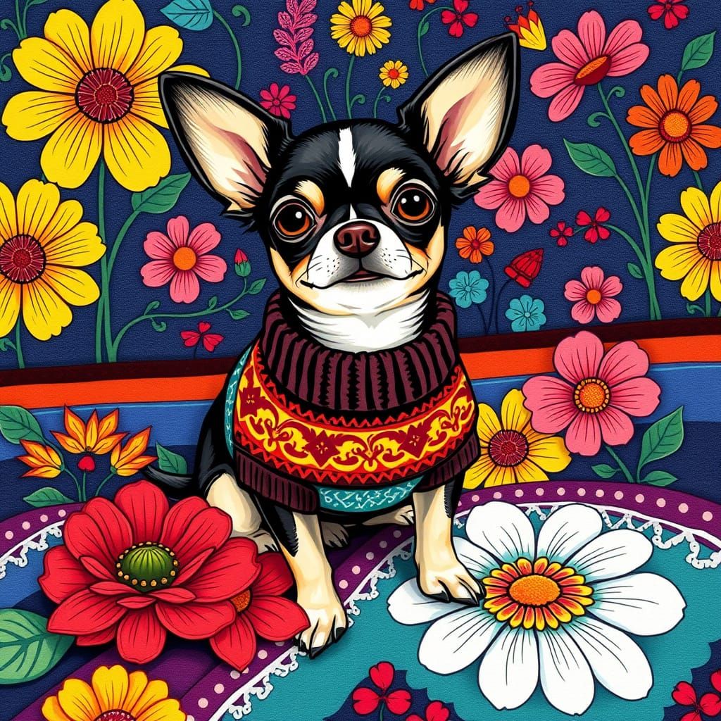 Chihuahua in Sweater Surrounded by Flowers, Pop Surrealism