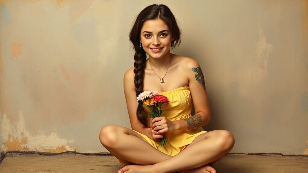 Vintage Pin-Up Girl with Dragon Tattoo, Holding Flowers
