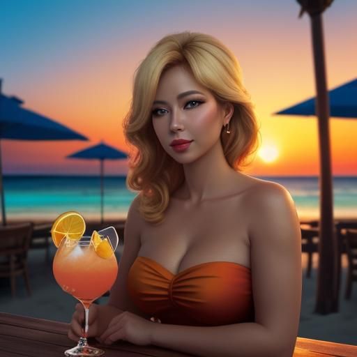 Honey Blonde Pinup Girl at Sunset, Digital Art