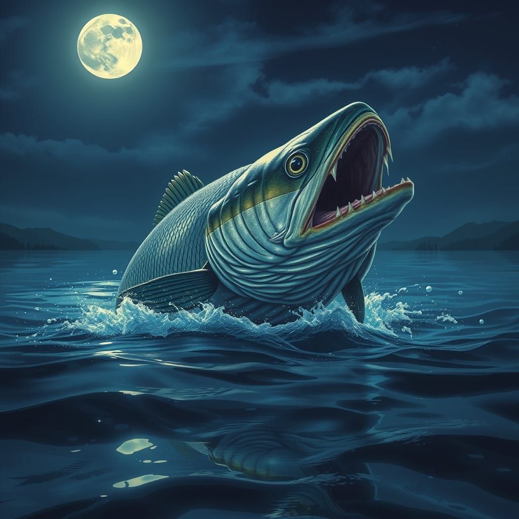 Glistening Fish Breaches Lake Under Full Moon