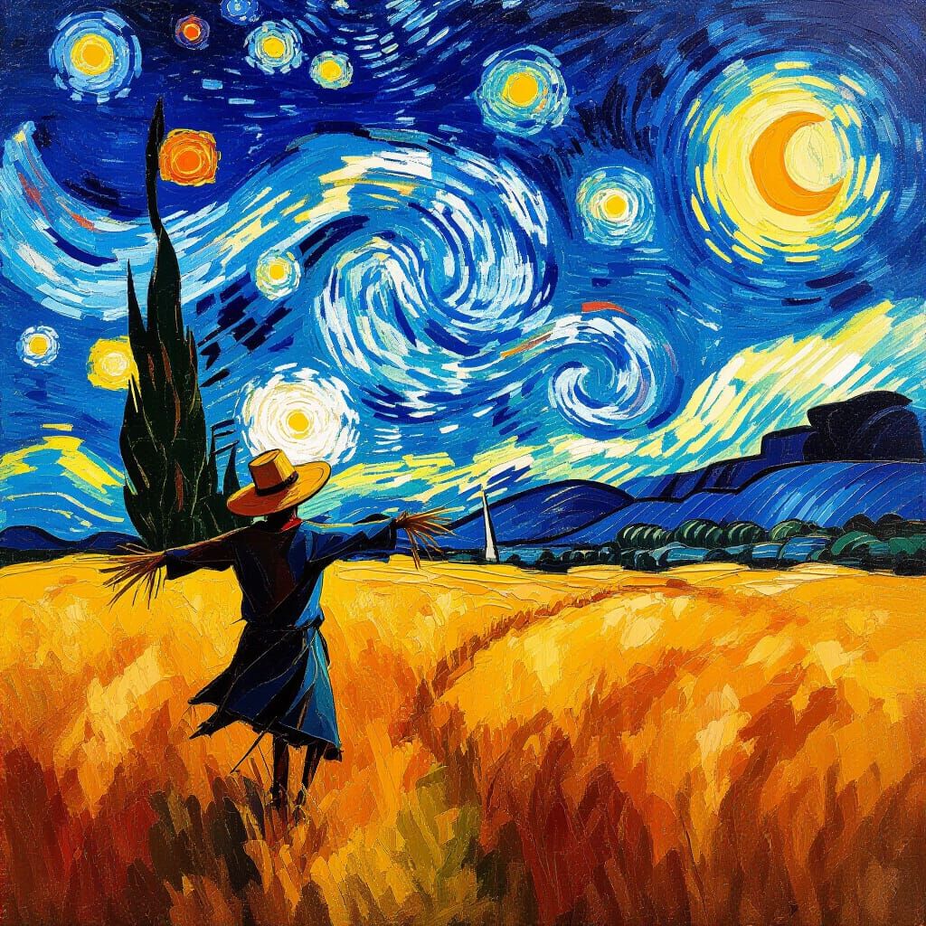 Lone Scarecrow in Cosmic Field, Expressionist Impasto Style
