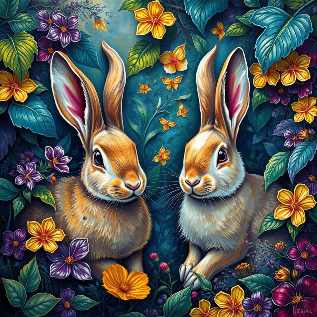 tWo rabbits, Breathtaking, impasto colourful acrylic art in the style of Amanda Clark, Jacek Yerka, Benjamin Lacombe and...