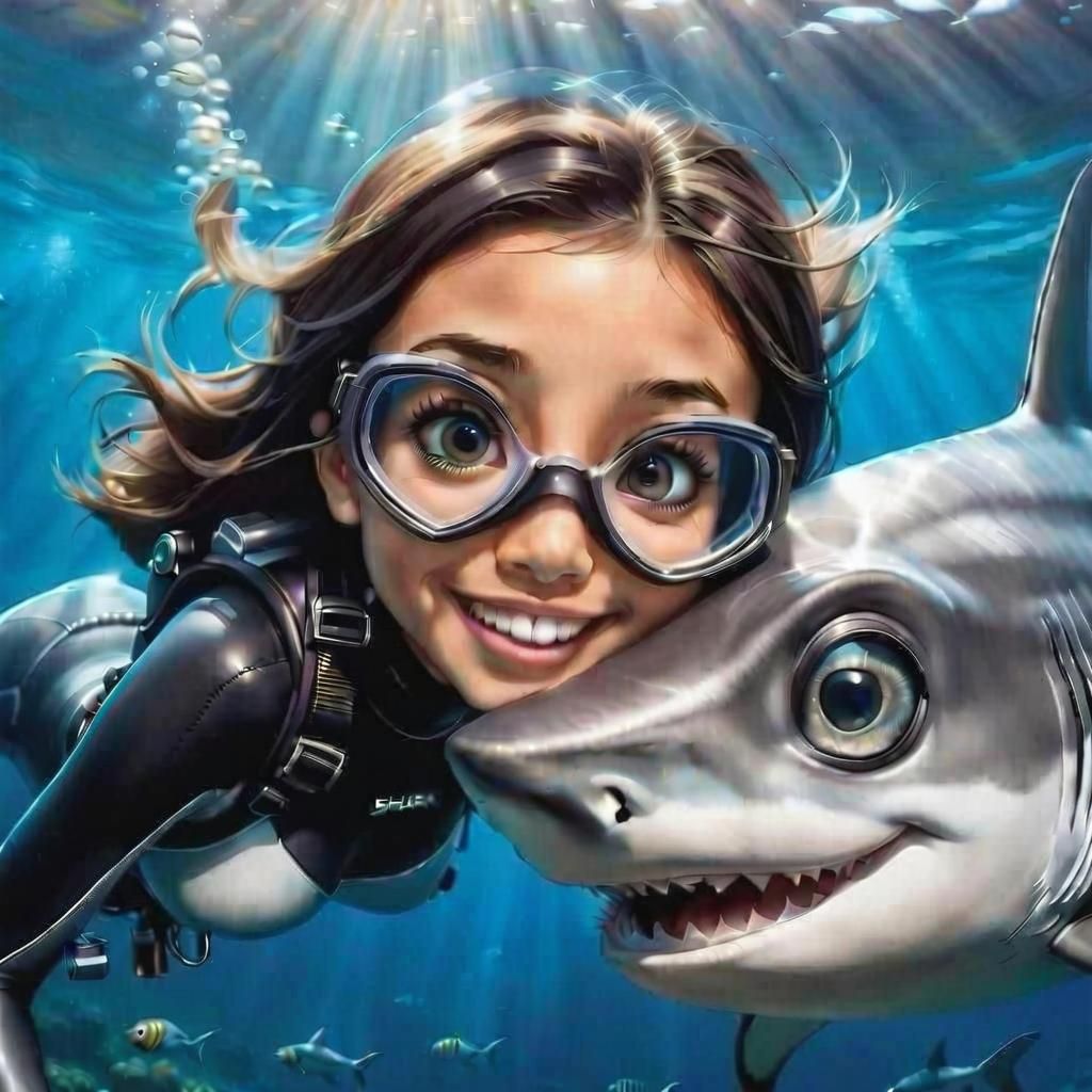 Cute Scuba Diver and Chibi Shark Selfie
