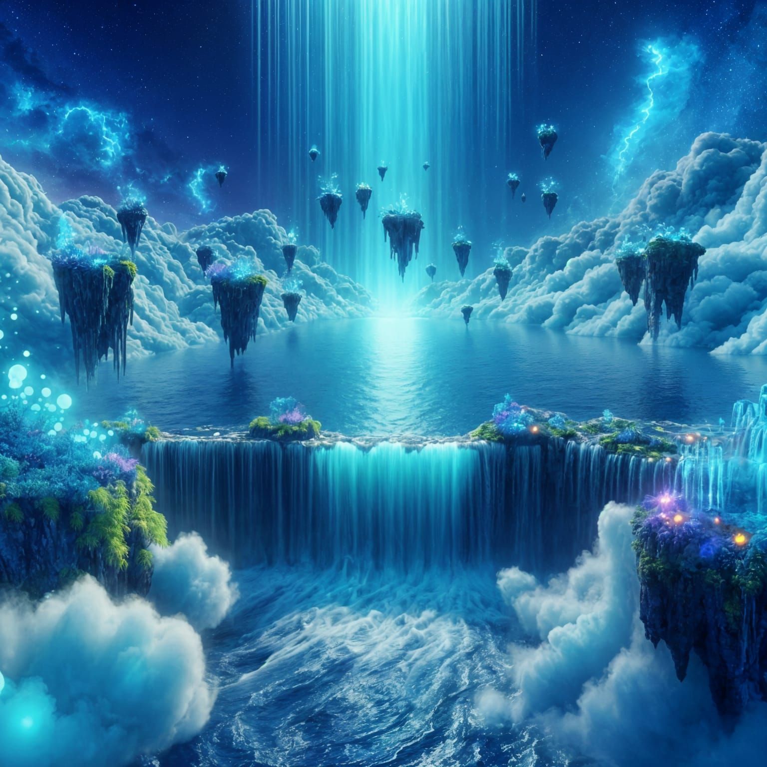 A surreal waterfall flowing upwards into the sky