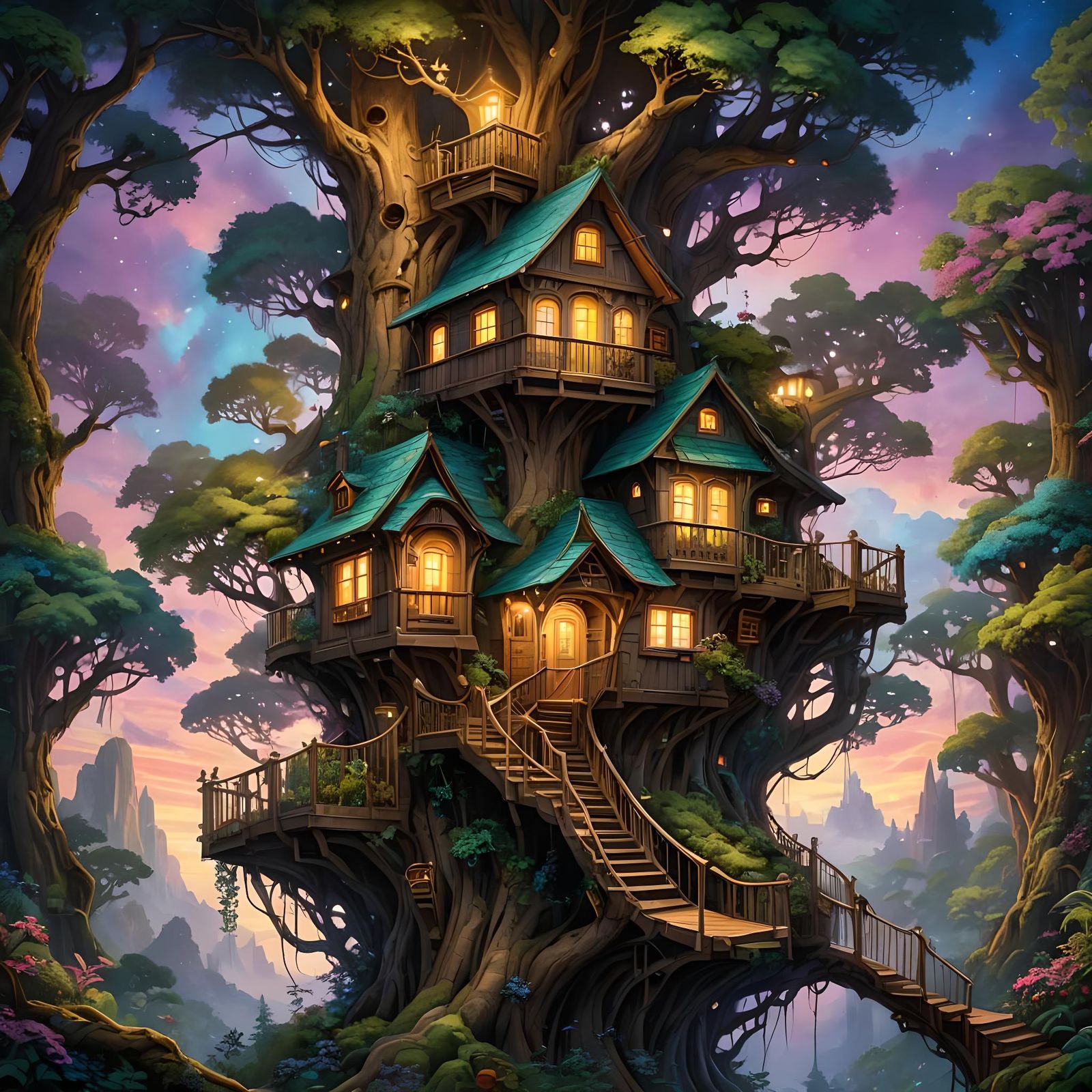 Beautiful Treehouse Illustration in Aetherpunk Style