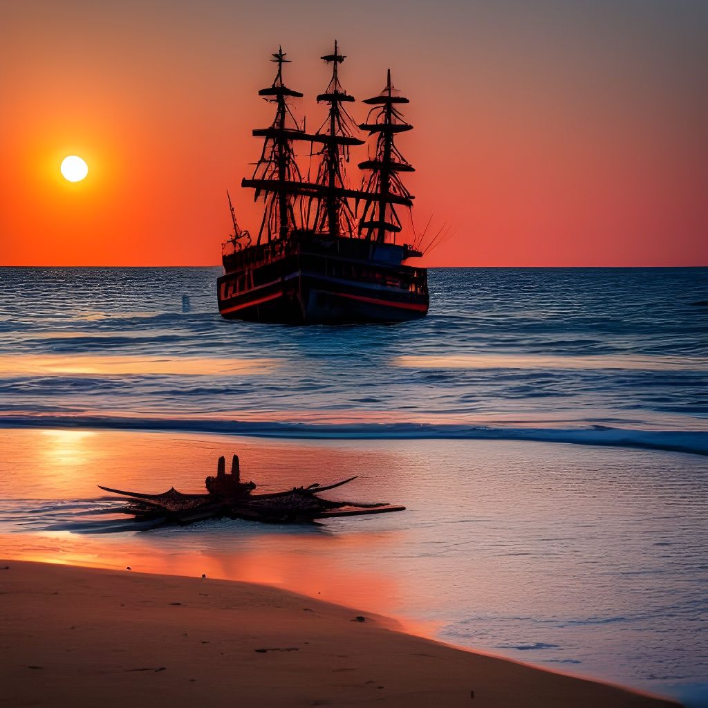 Beached Pirate Ship at Sunset: Photographic Style