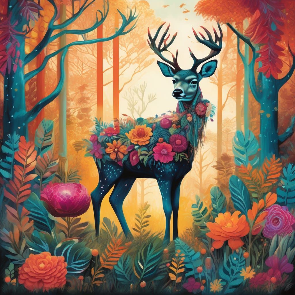 Magical Realist Deer Portrait in Vibrant Mexican Forest